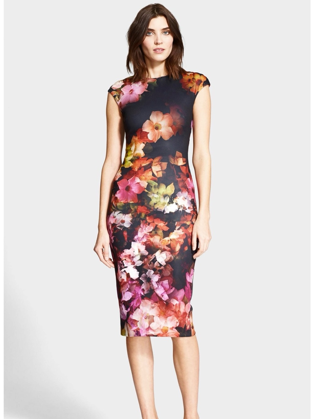 $385 Ted Baker Floral Colorful Bodycon Midi Dress Feminine Brand Size 2/ US4